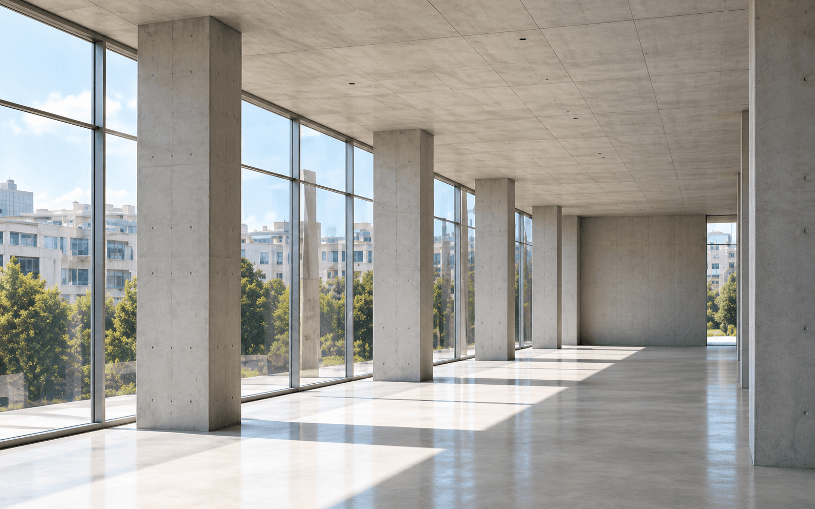 Intérieur d’un bâtiment en structure béton, baies vitrées.