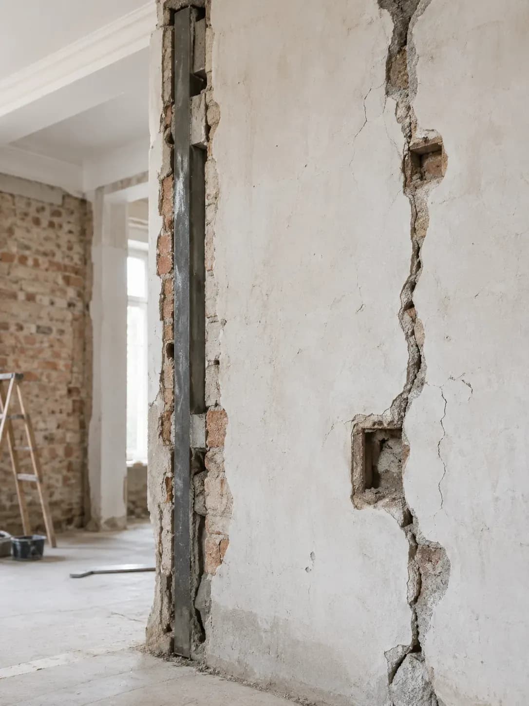 Rénovation intérieure en cours, structure d’un bâtiment ancien mise à nu.